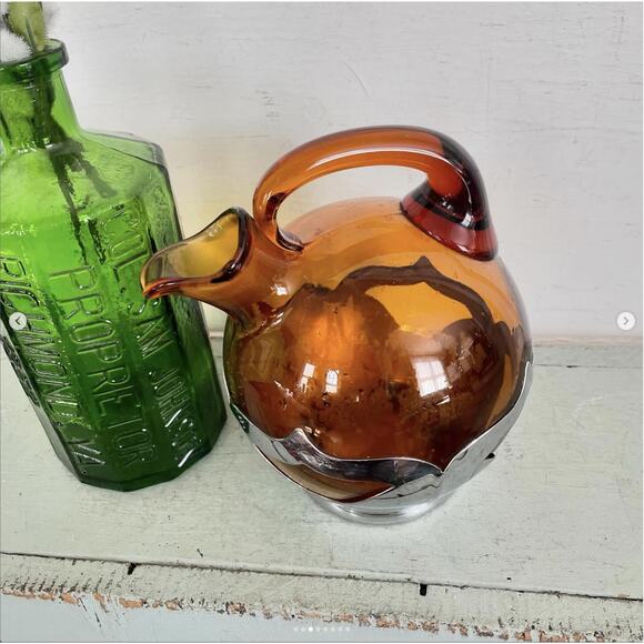 Vintage Amber Brown Glass Decanter Pitcher Silver Krome Kraft Barware Farber - Picture 3 of 8